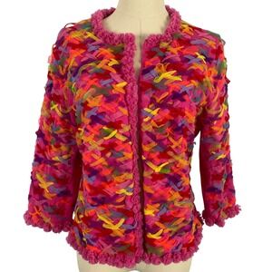 Vintage Y2K Michael Simon Pink Multicolored Tulle Confetti Ruffle Cardigan